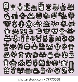 Big set of icons with monsters and robots faces #3. Vector illustration.