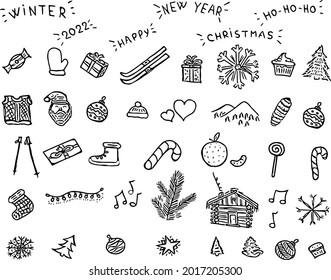 Big set of icons on the theme of Christmas and New Year. Set of icons with Christmas balls, garlands, hearts, skis, Santa, snowflakes, stars, hat, mittens, sweets and candies, gifts, Christmas tree.