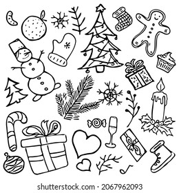 Big set of icons on the theme of Christmas and New Year. Set of icons with Christmas balls, garlands, hearts, snowman, snowflakes, sweets and candies, gifts, Christmas tree.