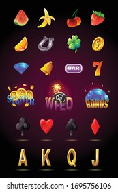 Big set of icons for online casino. 2D game UI. Colorful isolated vector illustrations of fruits, card symbols for slot machine.