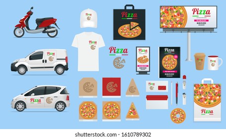 Big set icons of Pizzeria Cafe or Restaurant corporate brand identity mockup isolated. Pizzeria boxes, food delivery car, and motorbike, paper pack.