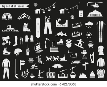 Big set of icons for ski and winter sports. Design for tourist catalog, maps of the ski slopes, placard, brochure, flyer, booklet. Vector illustration.