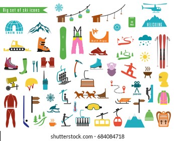 Big set of icons for ski and winter sports. Design for tourist catalog, maps of the ski slopes, placard, brochure, flyer, booklet. Vector illustration.