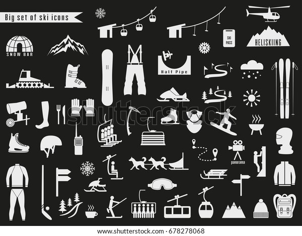 Big set of icons for ski and winter sports.\
Design for tourist catalog, maps of the ski slopes, placard,\
brochure, flyer, booklet. Vector\
illustration.
