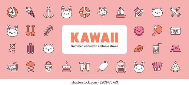 Big set of icons with summer holiday symbols. Cute Kawaii style in pink colors. Tourism, vacation and traveling concept. Editable stroke. Icons, web and typographic design.