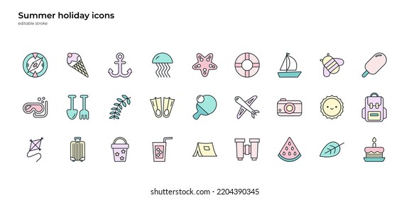 Big set of icons with summer holiday symbols. Cute Kawaii style, colorful design. Tourism, vacation and traveling concept. Editable stroke. Icons, web and typographic design.