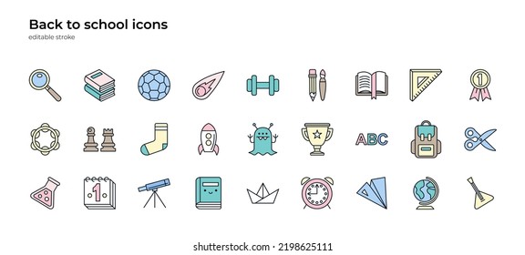 Big set of icons with symbols of school and education. Equipment for different lessons - arts, music, science, sport etc. Cute multicolored design. Vector isolated illustrations, editable stroke.