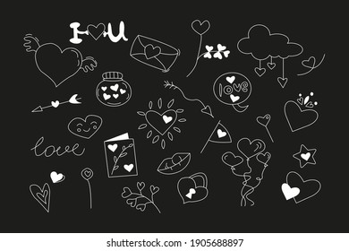 Big set of icons for Valentine's Day. Vector doodle illustration isolated on white background.