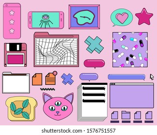 Big Set Of Icons And Vector Elements In Vaporwave Retrofuturistic Style In Punchy Pastel Color Tones. Collection Of Patches And Stickers Inspired By 80s-90s Retro Aesthetics.