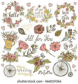 Big set of icons for wedding day, love and romantic events. Hand drawn doodle collection with flowers, herbs, bicycle and hearts. Vintage vector sketch elements for card isolated on white background