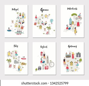 Big set of illustrated maps of of Europe with cute and fun hand drawn characters, plants and elements. Color vector illustration