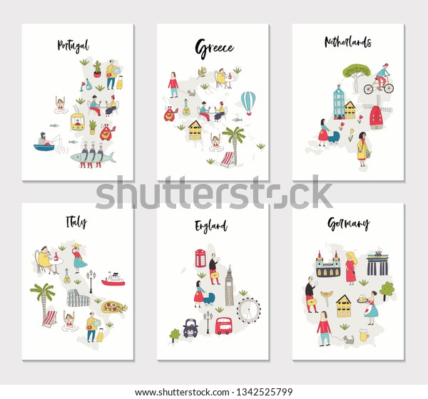 Big Set Illustrated Maps Europe Cute Stock Vector Royalty