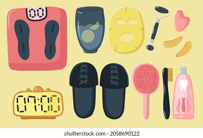 Big Set illustration morning routine. Weight tracking, drinking water with lemon in the morning, good habits for every day, oral hygiene, comb and slippers. Fabric mask and tools for massage at home.