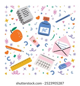 Big set illustration of school elements. Book, notepaper, pencil, eraser, envelope, calendar. School, library, study, education concept. Banner, poster, wrapping paper, sticker. - Vector