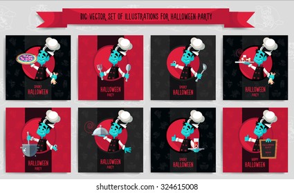 Big set of Illustrations about vampire chef for Halloween menu, party or cards in style flat