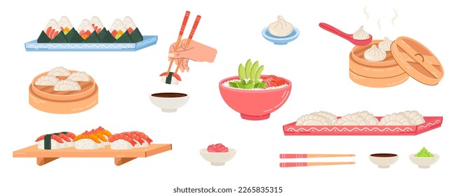 Big set of illustrations with asian food, sushi set, nigiri on a plate, dumpling dish, bowl. Hand drawn japanese food elements for menu, banners, posters, stickers.