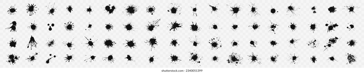 Big set of illustrations of black ink splashes. Mega Collection of stains, drops, blots, splashes of ink. Paint splash, grunge liquid drop splashes, abstract artistic ink splatter.