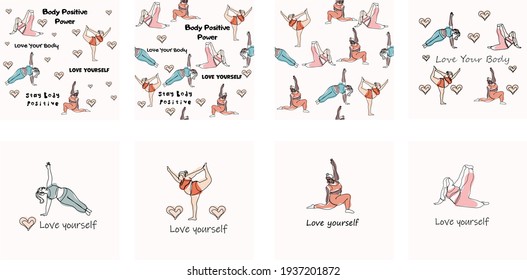 Big set of illustrations of body positive yoga. Plus size and body positive women do yoga. A set of seamless patterns, prints and cards with inscriptions. One line vector illustration.