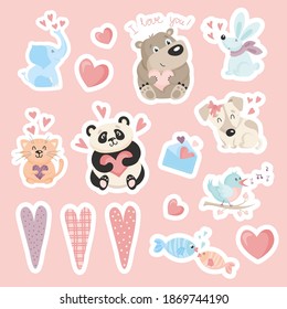 Big set of illustrations of cute animals with hearts for valentine's day.  animal love stickers.  vector illustration of in love bear, elephant, hare, fish, panda, dog, cat, bird