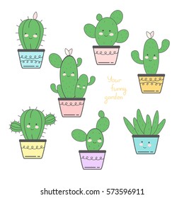 big set of illustrations of cute cartoon cactus and succulents with funny faces in pots and with text message. can be used for cards, invitations or like sticker