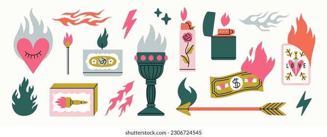 Big set with illustrations with fire elements. Matchbox, candle, lighter, flame, lightning etc. Hand drawn vector illustrations isolated on white background.