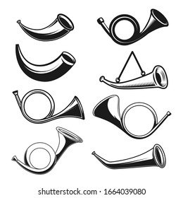 Big set of illustrations of hunting horns. Design element for logo, label, sign, poster, t shirt. Vector illustration