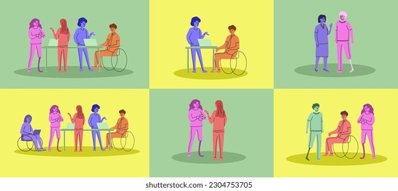 Big set of illustrations of people with disabilities. Inclusive workplace, diverse business. Disabled people in different situations