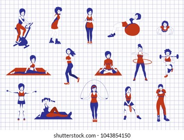 Big set of illustrations "Sport woman". Tricolor. Flat style. Vector illustration