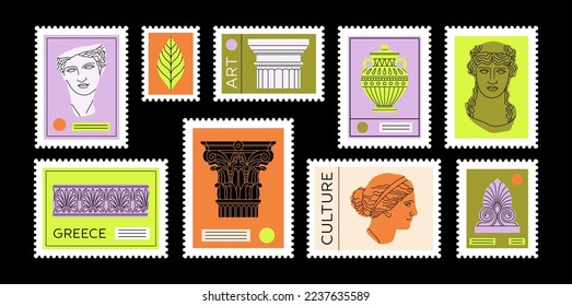 Big set with illustrations of stamps depicting ancient Greek and Roman art. Sculpture, ornament, architectural details. Hand drawn vector illustration isolated on black background.