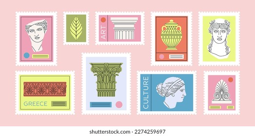 Big set with illustrations of stamps depicting ancient Greek and Roman art. Sculpture, ornament, architectural details. Hand drawn vector illustration isolated on pink background.