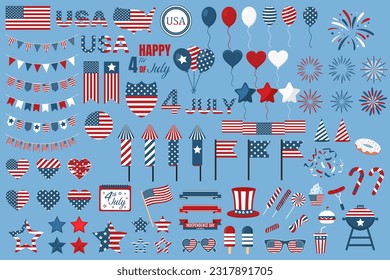 Big set for the Independence Day of the United States of America. 4th of July. Flags, balloons, hearts, stars, candy, fireworks, and other elements. Deep colors. Isolated vector on blue background