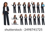 Big set of Indian beautiful business woman wearing black suit in different poses. Various gestures female character standing and sitting at the desk isolated vector illustration