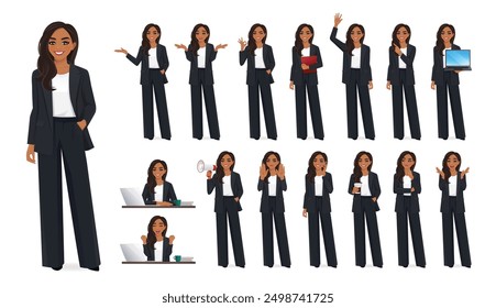 Big set of Indian beautiful business woman wearing black suit in different poses. Various gestures female character standing and sitting at the desk isolated vector illustration