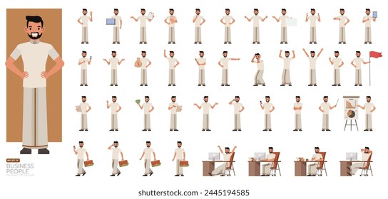 Big Set of Indian businessman wear white shirt character vector illustration design. Presentation in various action. People working in office planning, thinking and economic analysis.