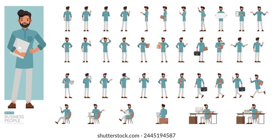 Gran conjunto de hombres de negocios de la India usan camisa azul de diseño de Ilustración vectorial de carácter. Presentación en diversas acciones. Personas que trabajan en la planificación de oficinas, pensamiento y análisis económico.