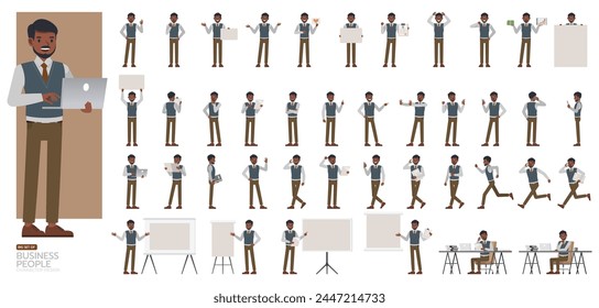 Big Set of Indian businessman wear gray suit character vector design. Indian people working in office planning, thinking and economic analysis.