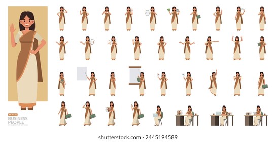 Big Set of Indian businesswoman wear saree character vector illustration design. Presentation in various action. People working in office planning, thinking and economic analysis.