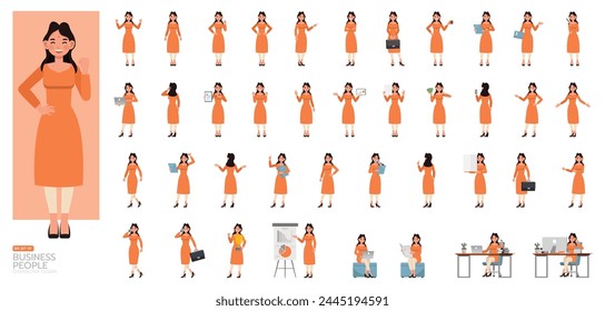 Conjunto grande de la mujer de negocios india llevan el diseño de la Ilustración vectorial del personaje del vestido naranja. Presentación en diversas acciones. Personas que trabajan en la planificación de oficinas, pensamiento y análisis económico.