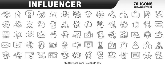 Big set of influencer related line icons. Editable stroke