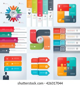 Big set of infographic arrow and circle templates, icons, design elements. Can be used for web, diagram, graph, report, presentation. Vector banners with 3, 4, 5 steps, options, processes