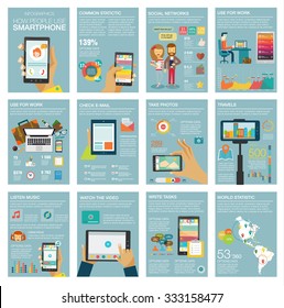 Big set Infographic with charts, icons, map, diagrams, other elements. How people use smartphone: social networks, camera, looking news, email, video, picture. Vector illustration, flat modern style