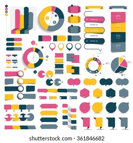 Big set of infographic elements charts, diagrams, speech bubbles. Flat and 3D design. Vector.