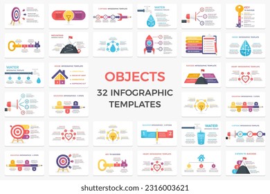 Gran conjunto de plantillas infográficas con diferentes objetos para web, negocios, presentación - objetivo con flechas, corazón, bulbo, lápiz, clave para el éxito, vector eps10 ilustración