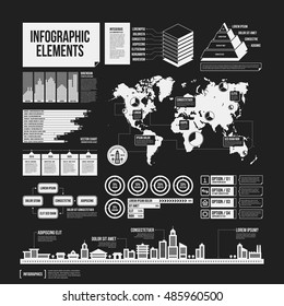 Big set of infographics elements in black and white colors. Monochrome design. Minimalistic style.