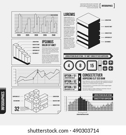 Big set of infographics elements in black and white colors. Monochrome design. Minimalistic style.