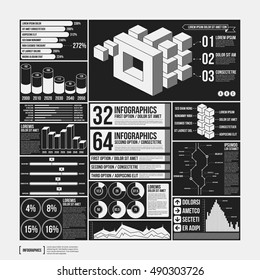 Big set of infographics elements in black and white colors. Monochrome design. Minimalistic style.