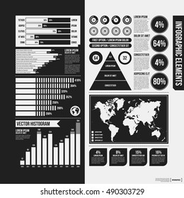 Big set of infographics elements in black and white colors. Monochrome design. Minimalistic style.