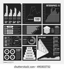 Big set of infographics elements in black and white colors. Monochrome design. Minimalistic style.