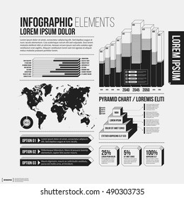 Big set of infographics elements in black and white colors. Monochrome design. Minimalistic style.
