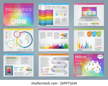 Big set of infographics elements business style. Rainbow color. Vector illustrations of modern infographics about IT. Use in website, flyer, corporate report, presentation, advertising, marketing. 